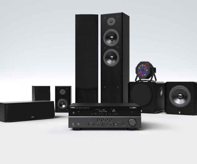 Studio-lit CGI of a black home audio speaker system with multiple speakers and subwoofer.