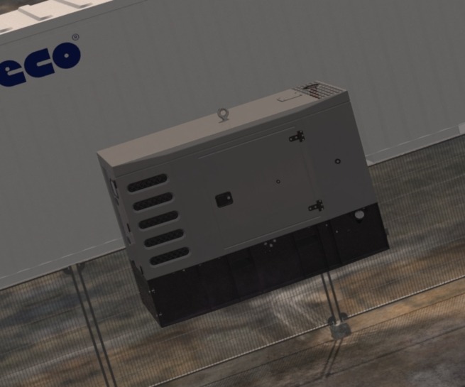 CGI of an exterior modular building wall with an HVAC unit and branded panel.