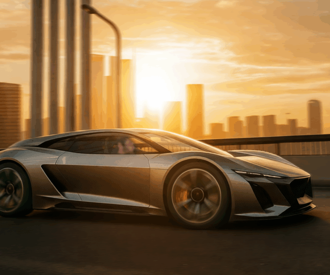 Automotive CGI of a sports car on an elevated highway at sunset with a city skyline in the background.