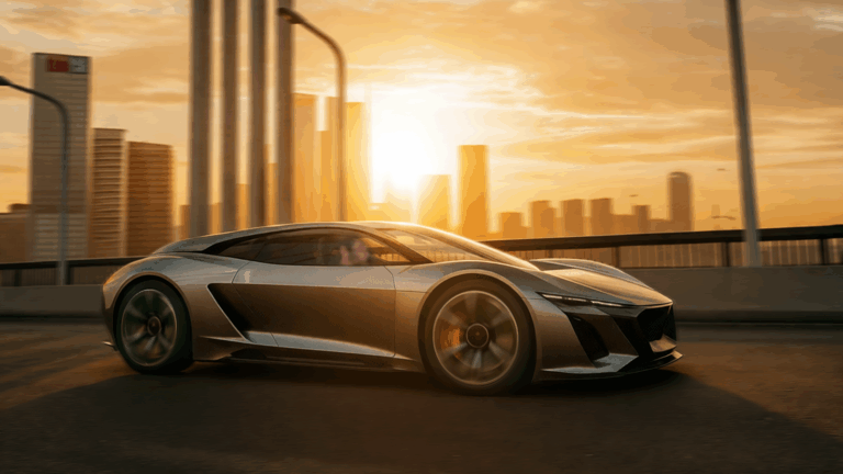 Automotive CGI of a sports car on an elevated highway at sunset with a city skyline in the background.