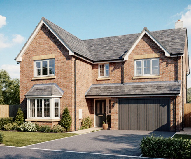 Exterior CGI of a two-storey red-brick UK detached house with driveway, garden and blue sky.